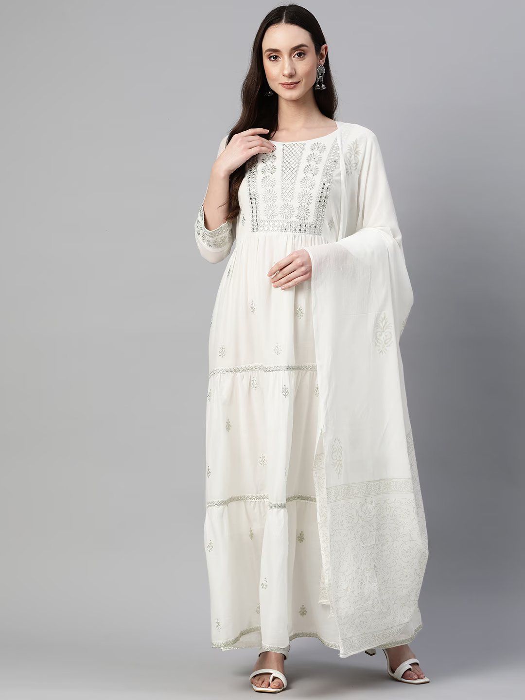 White color Embroidered cotton fabric Tiered Gown with Zari & Mirror ...