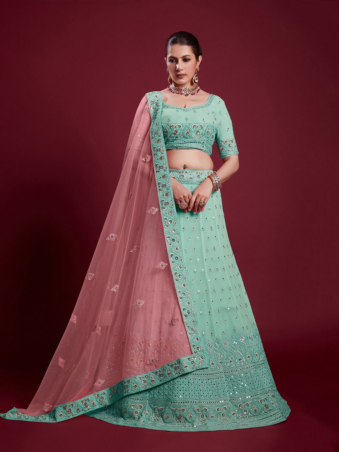 Georgette Fabric Embroidered Sangeet Wear Designer Lehenga Choli In Na