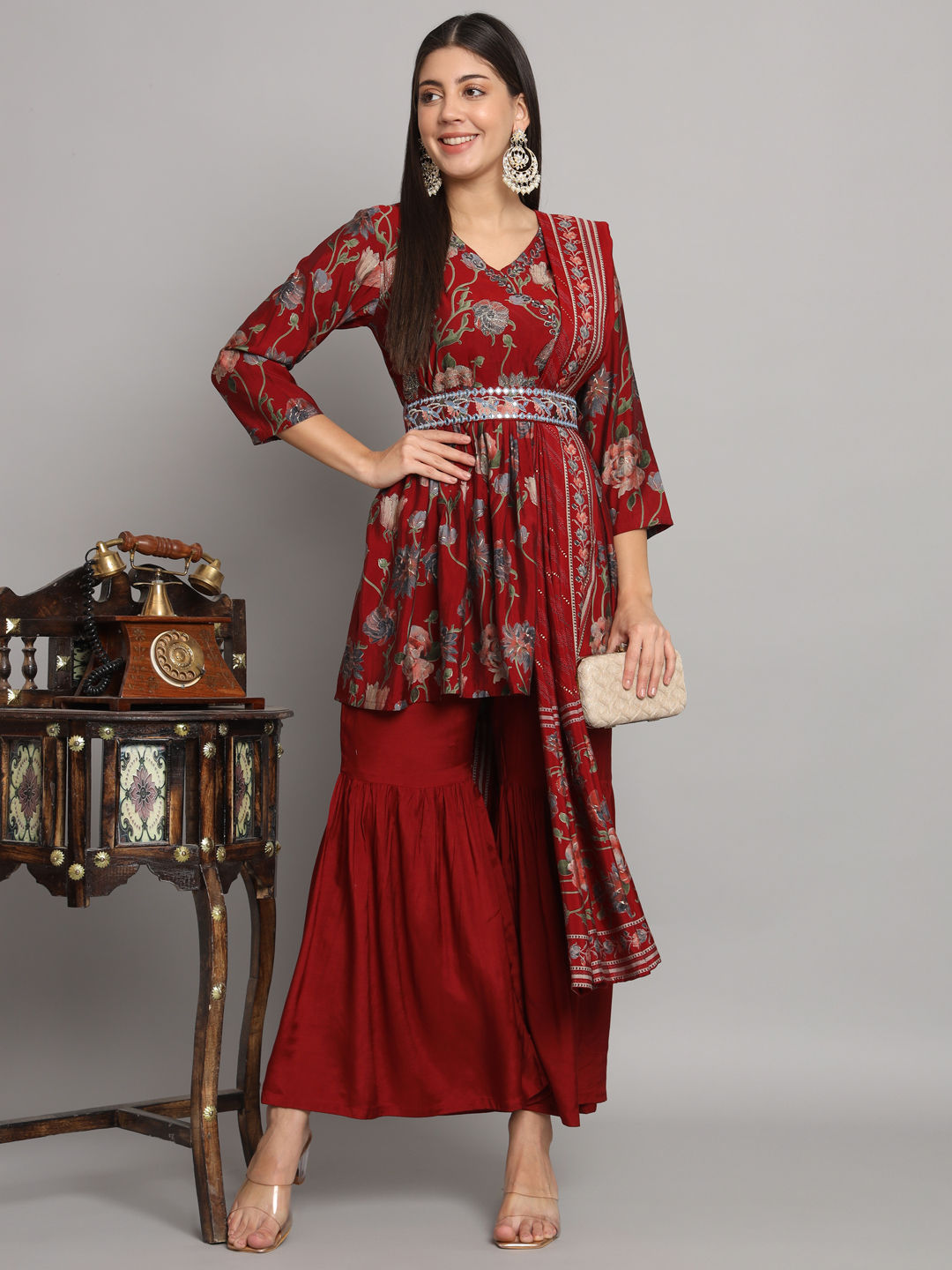 anarkali-style-silk-fabric-red-color-kurta-and-bottom-with-dupatta