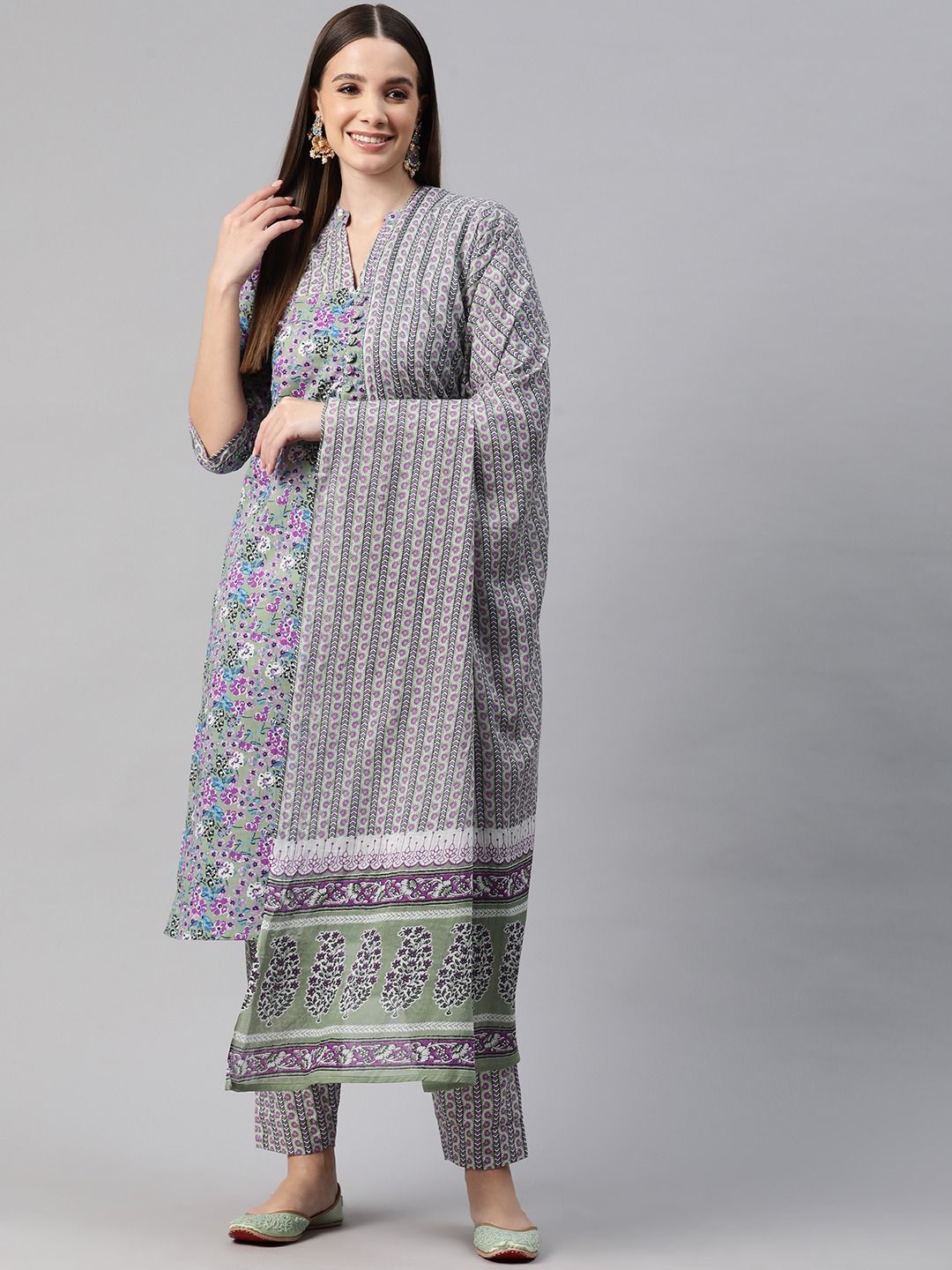 Green Printed Pure Cotton Straight Kurta Sets With Dupatta