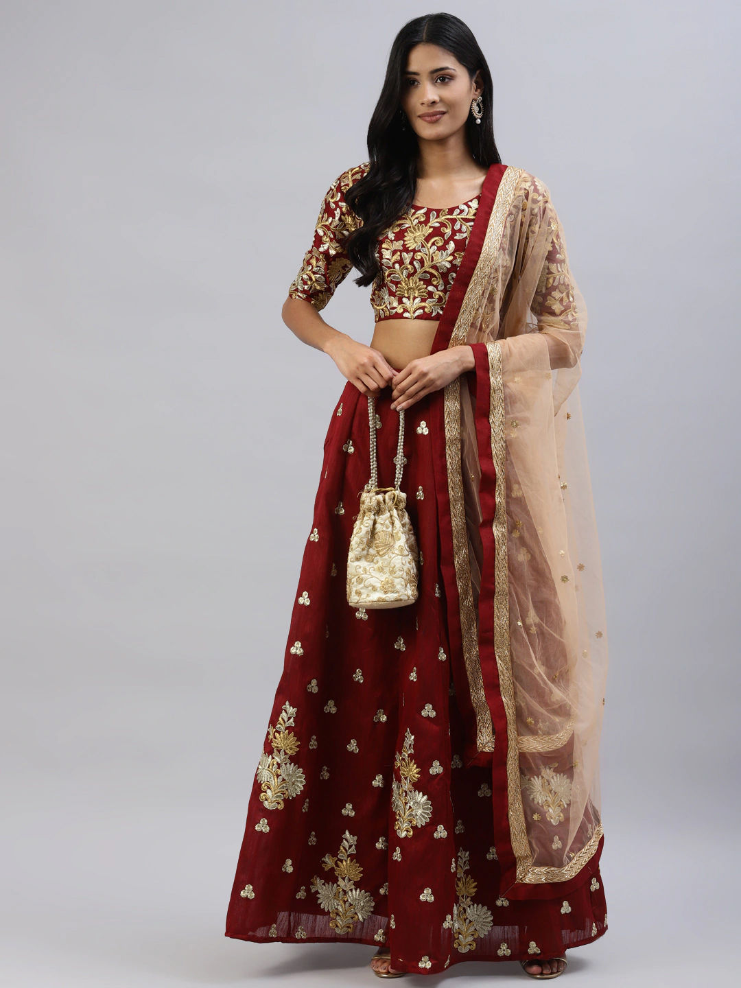 Maroon Color Printed With Foil Work Dola Silk Lehenga Choli – Looknbook Art