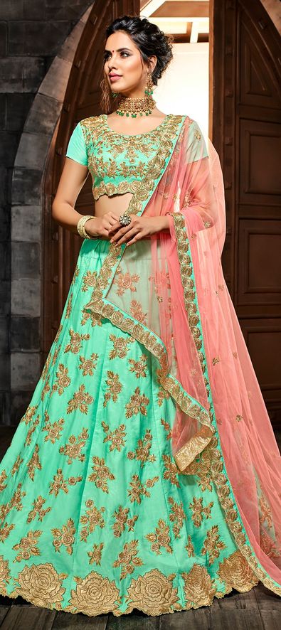 1525872: Mehendi Sangeet Blue color Silk fabric Lehenga