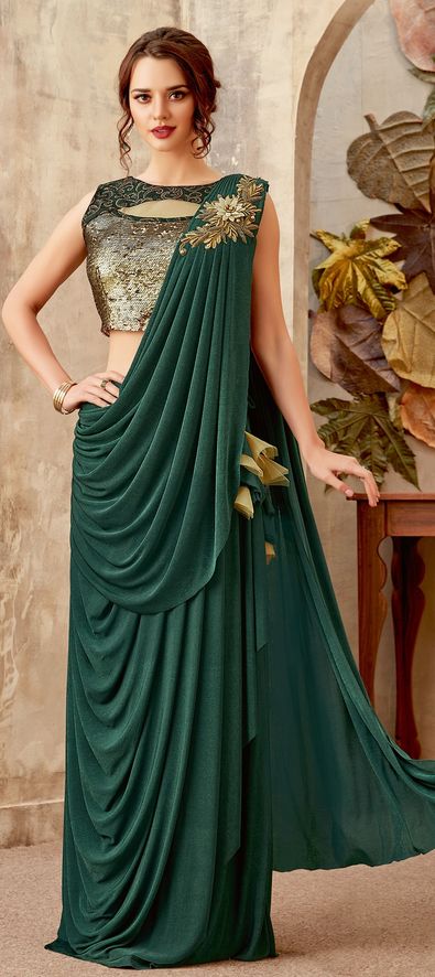 1543378: Party Wear Green color Lycra fabric Lehenga Style Sarees