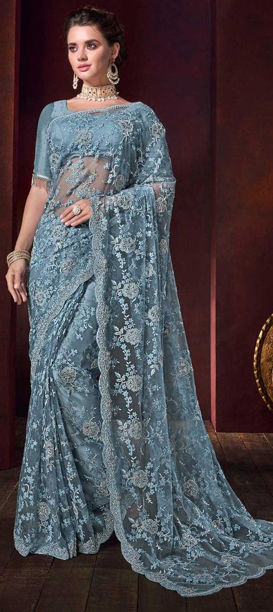 Blue color Net fabric Saree : 1604013