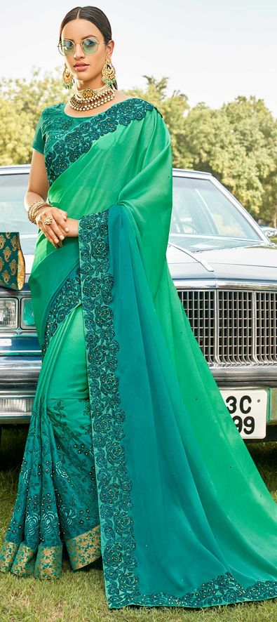Party Wear Blue, Green color Georgette fabric Saree : 1656546