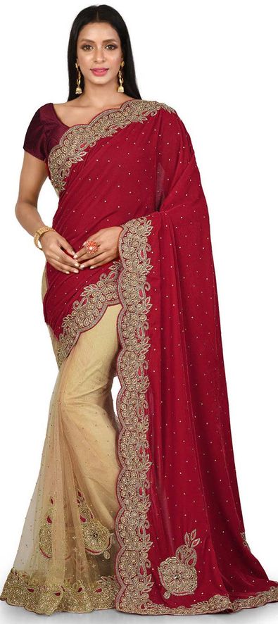 Festive Wedding Beige And Brown Red And Maroon Color Net Velvet Fabric Saree