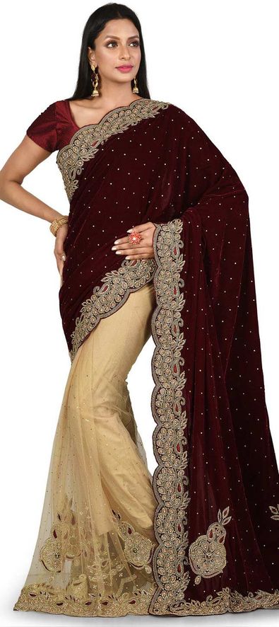 Festive Wedding Beige And Brown Red And Maroon Color Net Velvet Fabric Saree