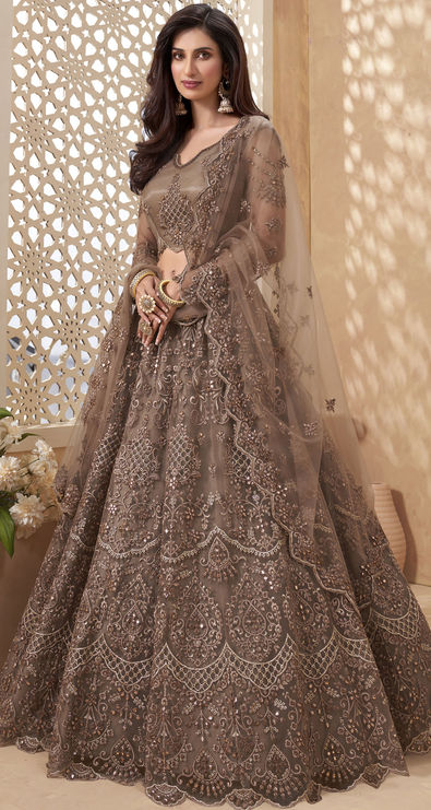 Dark Beige Designer Heavy Embroidered Bridal Lehenga