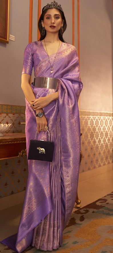 Elegant Violet Purple Pure Satin Silk Designer Saree main image 1