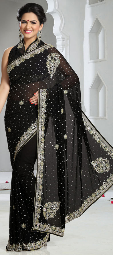 black saree stone work