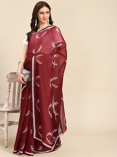 Buy Bunai Maroon Floral Fusion Georgette Saree Online