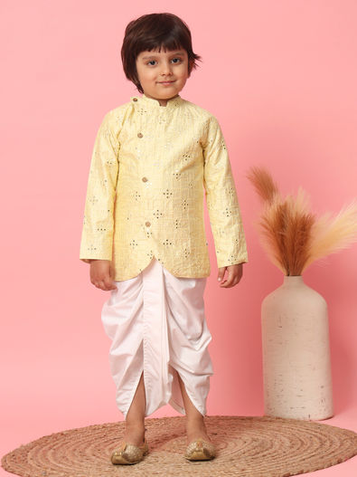 Boys Silk Cotton Dhoti Set, Kids Cream Color Shirt