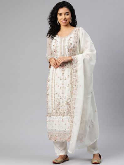 White Color Net Dress Material Fabric for Women's Gown - Charu Creation