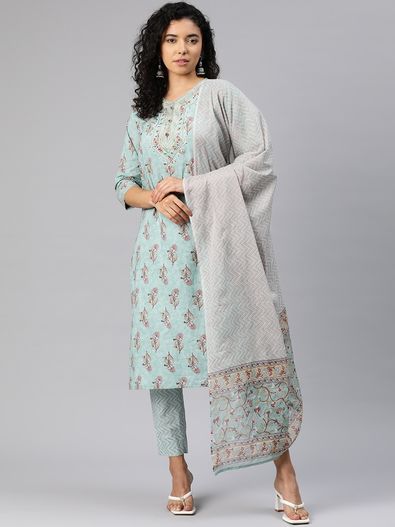 Kurta Pant Set: Women Long Cotton Kurta, Pant & Dupatta Sets