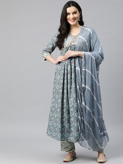 Grey Ladies A-Line Silk Blend Printed Kurta Set at Rs 1761/piece in Jaipur