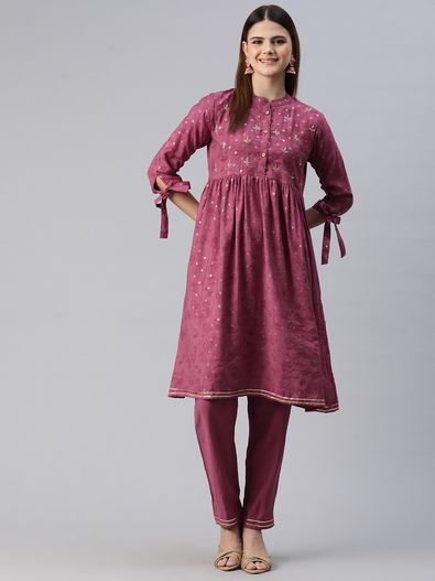 Grey Ladies A-Line Silk Blend Printed Kurta Set at Rs 1761/piece in Jaipur