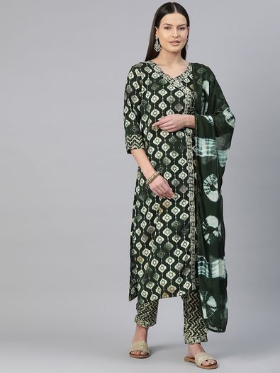 Green Viscose Rayon Striped Kurta With Embroidered Yoke Online at