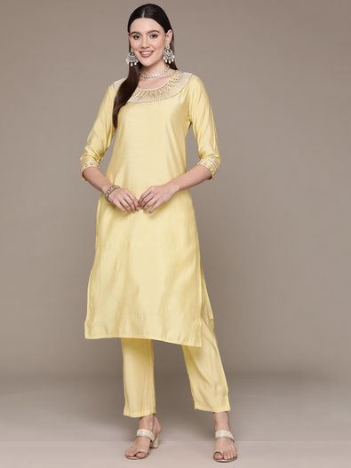 Buy Full Sets Casual Wear Marigold Yellow Kurta with White Pants in Cotton  Clothing for Unisex Jollee