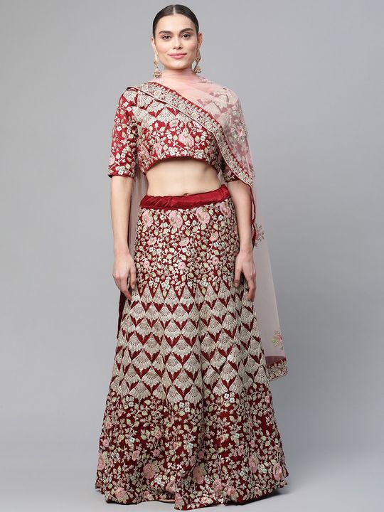 Entrancing Maroon Colored Wedding Wear Butterfly Net With Embroidered  Lehenga Choli