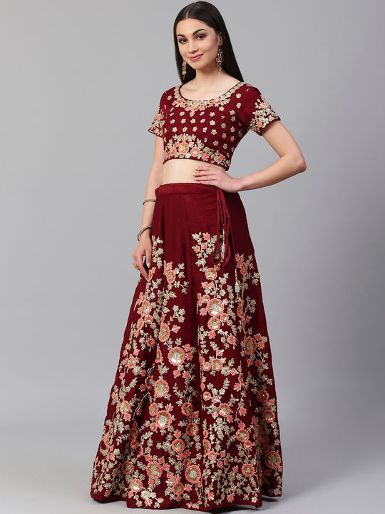 Buy Maroon Lehenga And Crop Top With Hand Embroidered Leaf Motifs And A  Ruffle Dupatta KALKI Fashion India