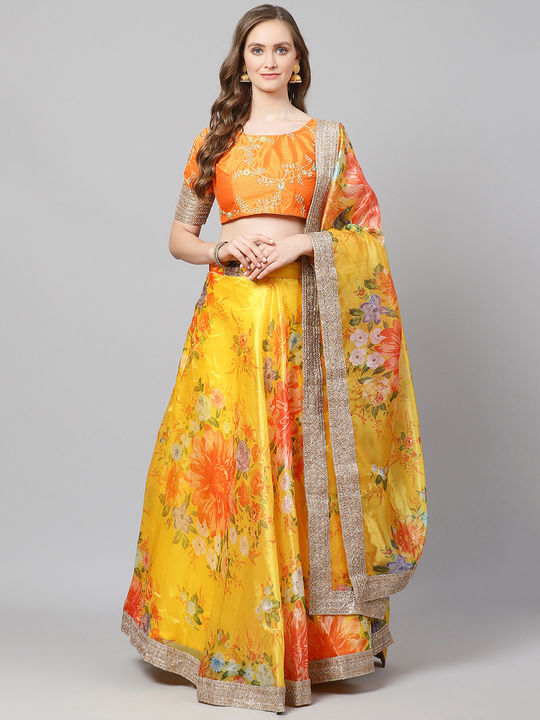 Lehenga Choli, Green Yellow | Unique blouse designs, Yellow top outfit,  Yellow clothes
