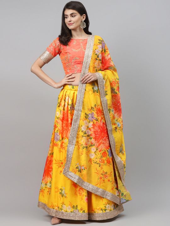 Buy Yellow Raw Silk Embroidered Sequin V Neck Gelathi Floral Lehenga Set  For Women by Latha Puttanna Online at Aza Fashions.