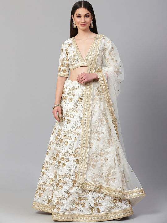 White Blouse Gold Lehenga - Black Thread Co