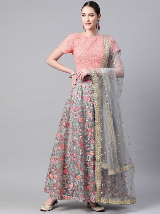 Buy Impressive Grey Floral Printed Banglory Silk Wedding Lehenga Choli With  Dupatta from Designer Lehenga Choli