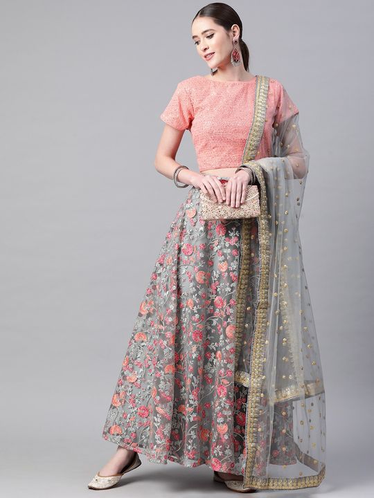 Buy FUSIONIC Sparkling Grey Soft Net Embroidered Lehenga Choli For Women at  Amazon.in