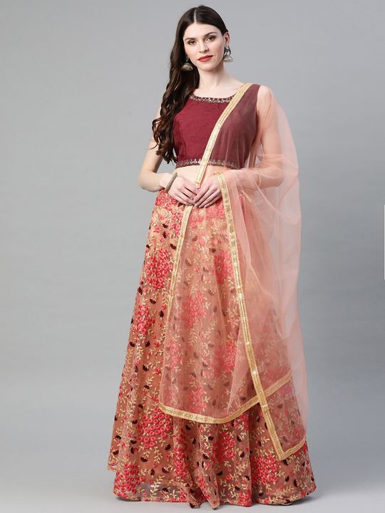 Rose Gold Silk Lehenga Set with Net Dupatta With Gold Aari Embroidery –  Chhabra 555