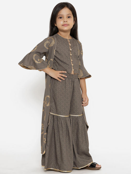 Rayon Grey Stitched Printed Top & Sharara with Jacket