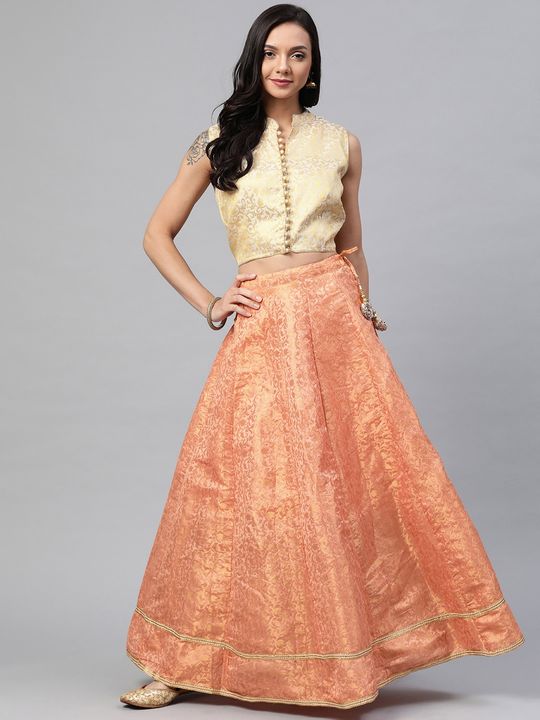 Shikhar Sharma Shimmer Chanderi Lehenga Set | Orange, Zari, Lehenga, Leaf,  Half | Orange lehenga, Lehenga, Lehenga designs