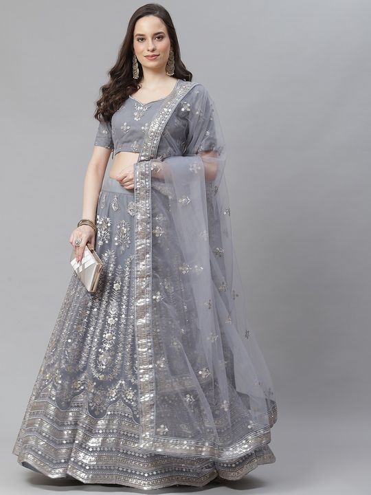 Silver Grey Net Party Wear Lehenga Choli with Dupatta Online FABANZA