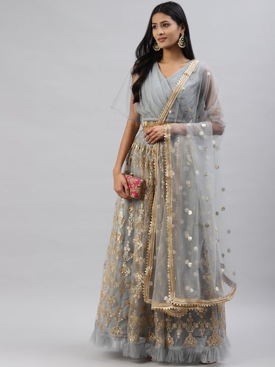 Elegant grey printed lehenga choli set with a contrasting dupatta. –  Lagorii Kids