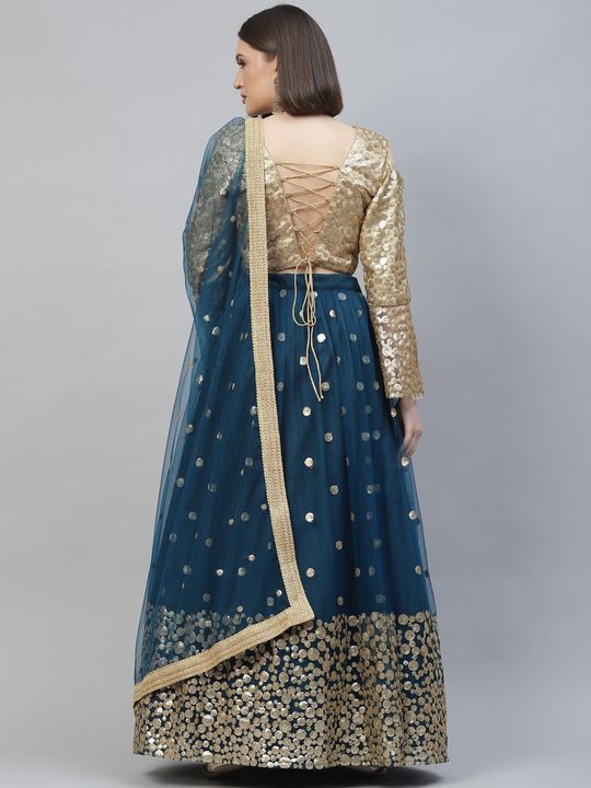 Gold Sequin Blouse with Golden Sequins Blue Skirt & Dupatta – Shivali Arora