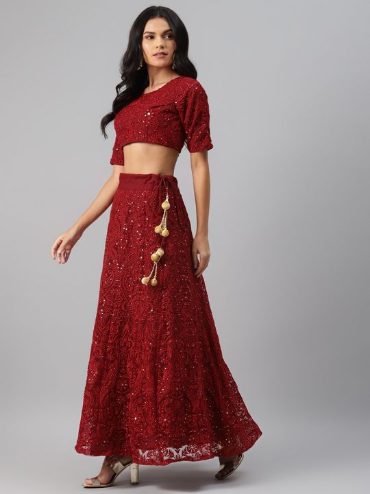 Net Fabric Maroon Colour Semi-Stitched Embroidered, Resham