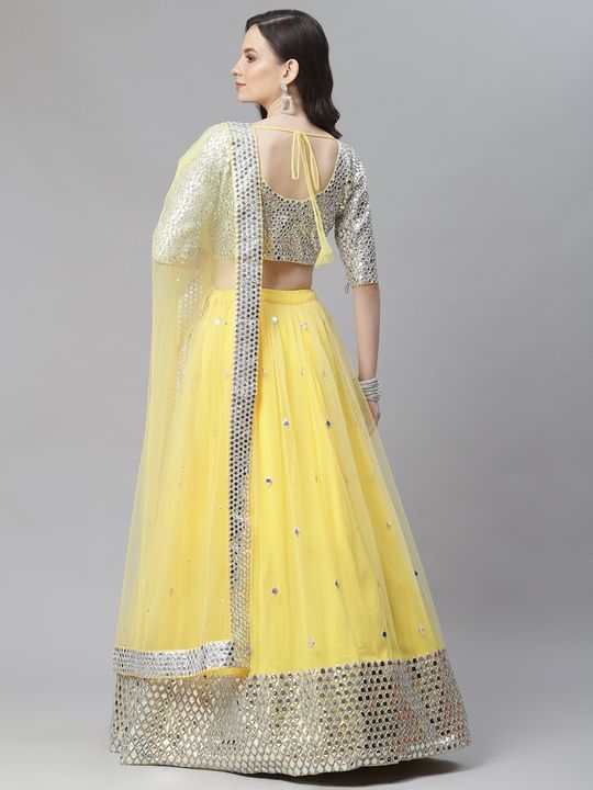 Golden Yellow Lehenga Choli With Leather And Mirror Work – Viraaya By  Ushnakmals