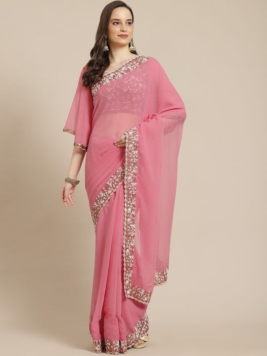 Divine Pink Color Georgette Fabric Party Wear Border Work Saree