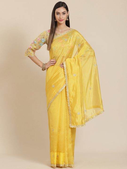 Latest Yellow Color Original Organza With Sequence Work Trendy Saree