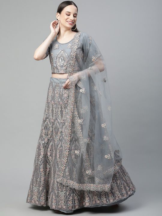 Grey Crop Top Lehenga With Ruffle Dupatta