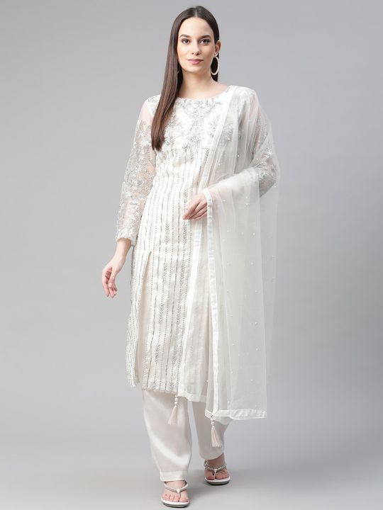 Net Fabric white Color Kurta in Zari Embroidered, Resham, Beads & Sequence  work with Bottom & Embroidered work Dupatta