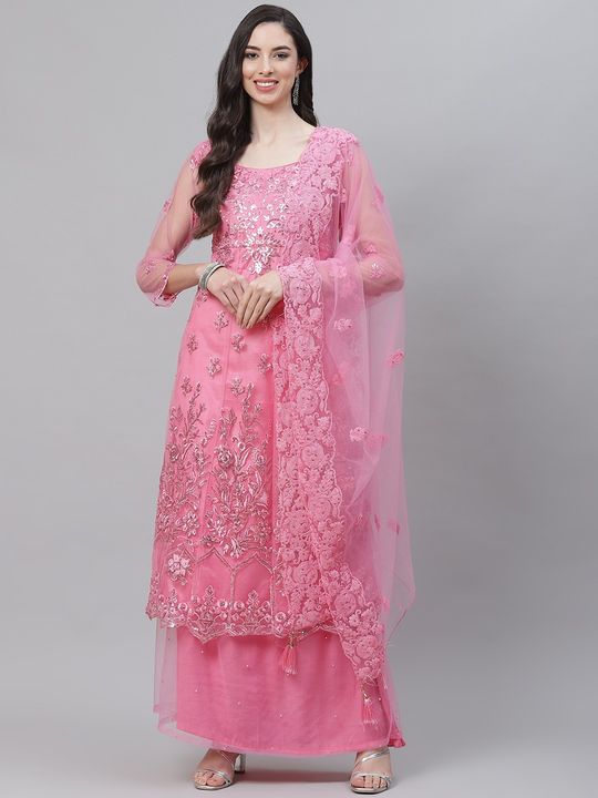 Net Fabric Pink Colour Kurta with Skirt & Dupatta in Embroidered, Resham,  Beads & Sequence work