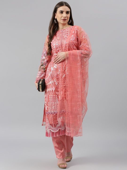 Net Fabric Pink Colour Kurta with Skirt & Dupatta in Embroidered, Resham,  Beads & Sequence work