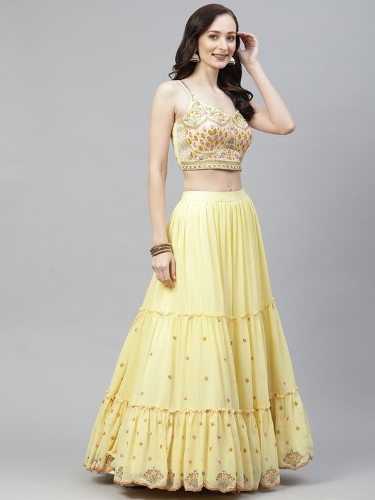 Georgette Fabric Yellow Color Ruffle Style Lehenga & Choli in Zari, Resham,  Embroidered, Mirror Work with Dupatta