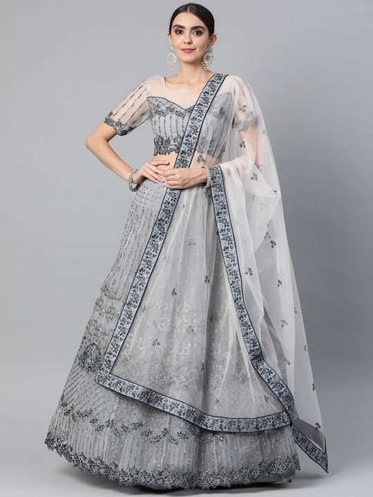 Grey Colour Georgette Back Tie-Up Choli With Lehenga And Mukaish Net Dupatta