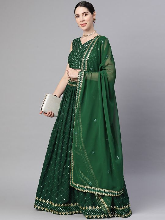 Malai Satin Silk Embroidery Lehenga Choli In Dark Green Colour - LD3880361