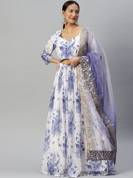 Conspicuous Blue and Off White Fancy Faux Chiffon Readymade Lehenga Choli -