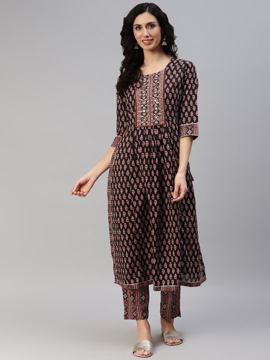 Block Printed Cotton Silk Angrakha Style Kurta Set in Light Brown  TAN163