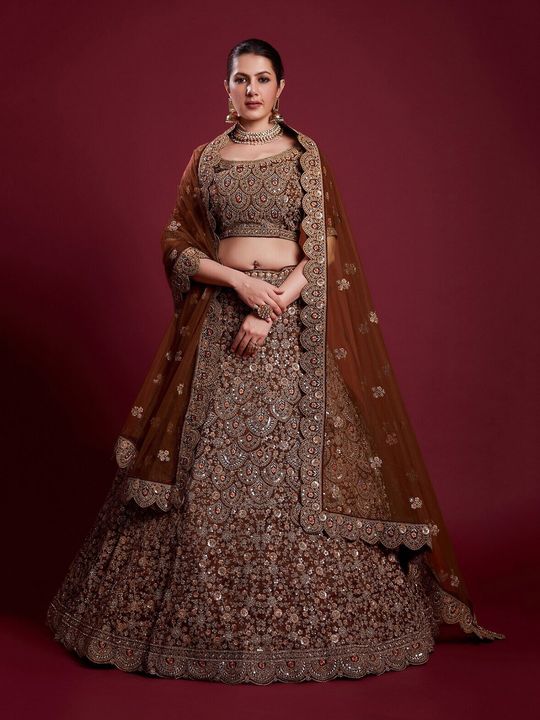 Georgette Fabric Brown Color embroidered Lehenga and Choli with thread &  Zircon work with net fabric Dupatta