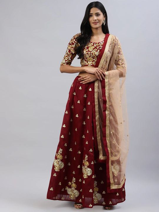 Golden Heavy Embellished Shirt Maroon Lehenga - Purple Dupatta